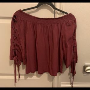 Maroon off the shoulder top with tie up sleeves